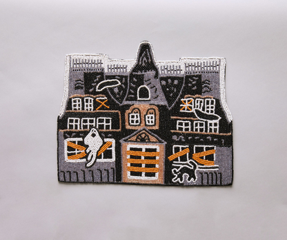 Haunted House Beaded Placemat – Handmade Halloween Table Mat – Spooky Ghost Cat Decor – Gothic Fall Dining Accent