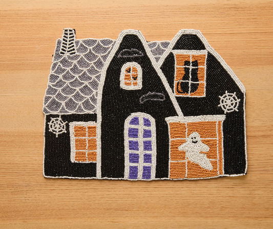 Haunted House Beaded Placemat Velvet Backing Handmade Halloween Table Decor Spooky Black Cat Ghost Mat Holiday Centerpiece