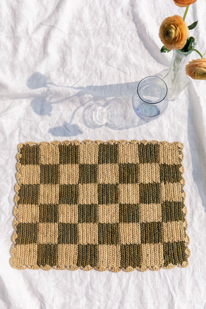 Green checked Placemat, Rectangular raffia tabletop