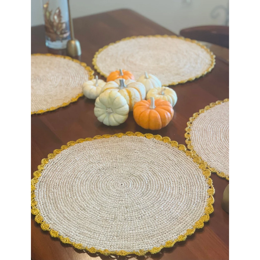 Marigold Raffia Placemats, Boho Round Natural Hand Woven Placemats, Table Mats for Dining Table