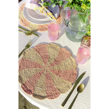 Pinwheel Pink Placemat, raffia tabletop