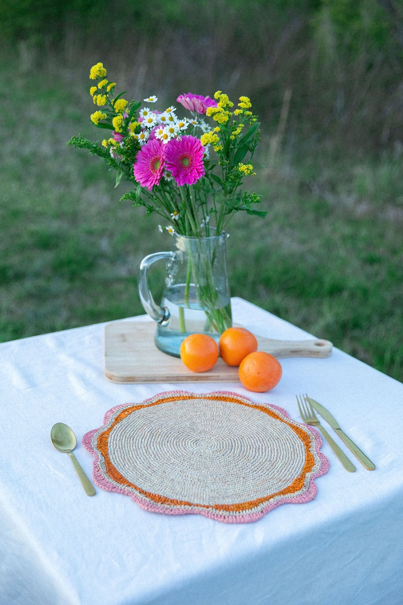 Round Pink Placemat set of 2, 4 and 6, Garden Party Decor