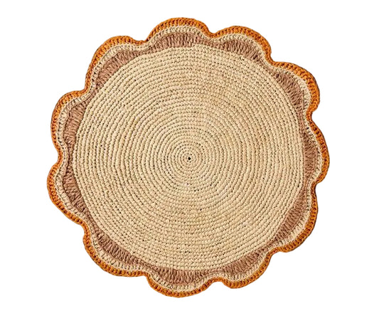 Round Raffia Woven Placemat - Handmade Crochet Style Table Mats for Garden Party Decor, Rustic Natural Fiber Dining Table Accessory