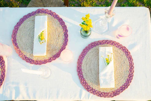 woven tabletop with lavender edges