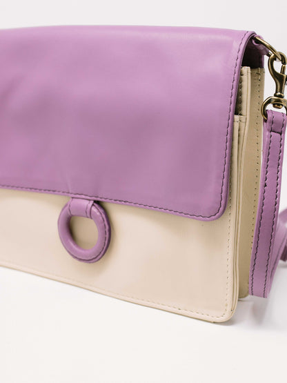 Lavender Leather Crossbody Wallet bag close up of side of bag-by Payton James Nashville Handbag designer