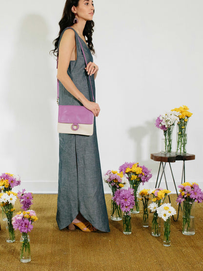 Lavender Leather Crossbody Wallet bag displayed on model on a photoshoot- by Payton James Nashville Handbag designer