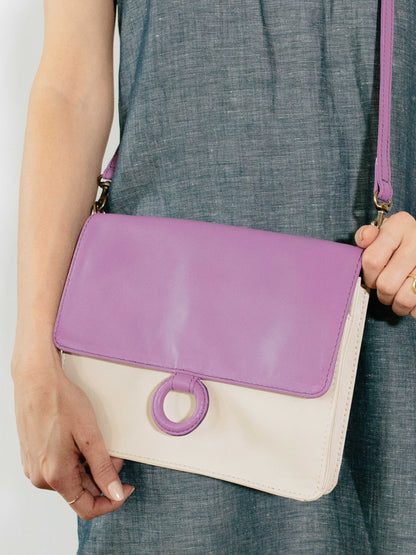 Lavender Leather Crossbody Wallet bag held by model by Payton James Nashville Handbag designer