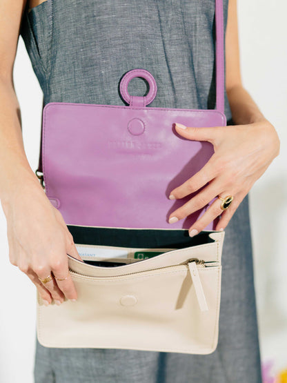 Lavender Leather Crossbody Wallet bag - bag displayed on model -by Payton James Nashville Handbag designer
