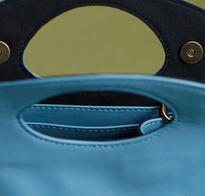Leather- Crossbody Handbag- Vintage Blue Mini Party Crossbody bag-by-PaytonJames-Nashville-designer inside of bag