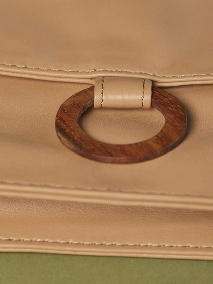 Leather-wallet crossbody bag - Wood Wallet Crossbody cappuccino color handbags by payton james Nashville leather handbag designer closeup of wood ring