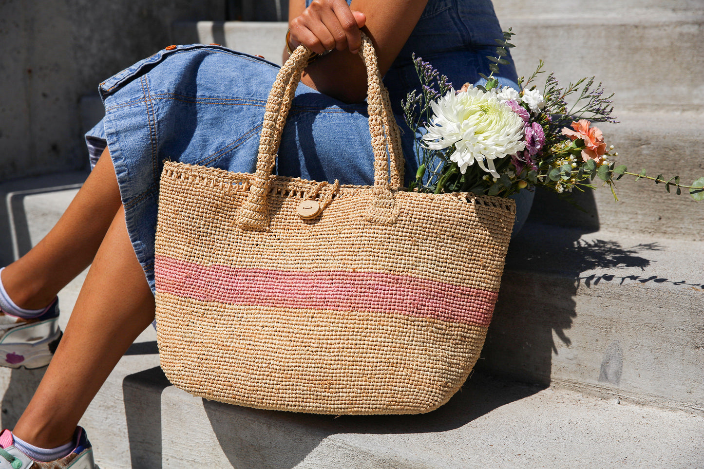 The Stripe Woven Tote in Pink